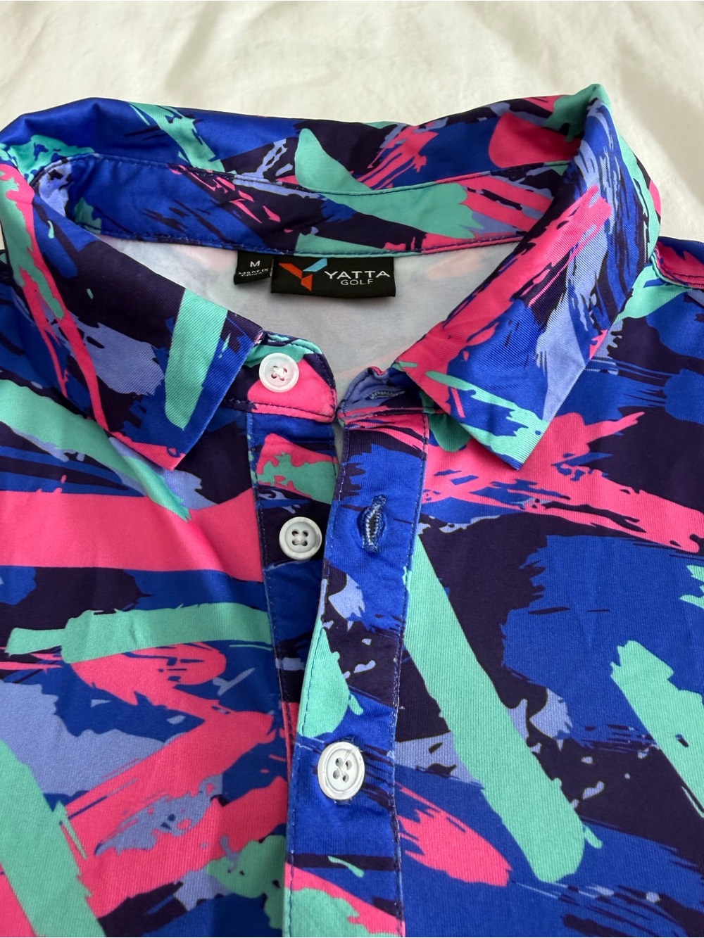 Men’s Yatta Golf Abstract Brushstroke Polo — Blue/Pink/Green Size Medium